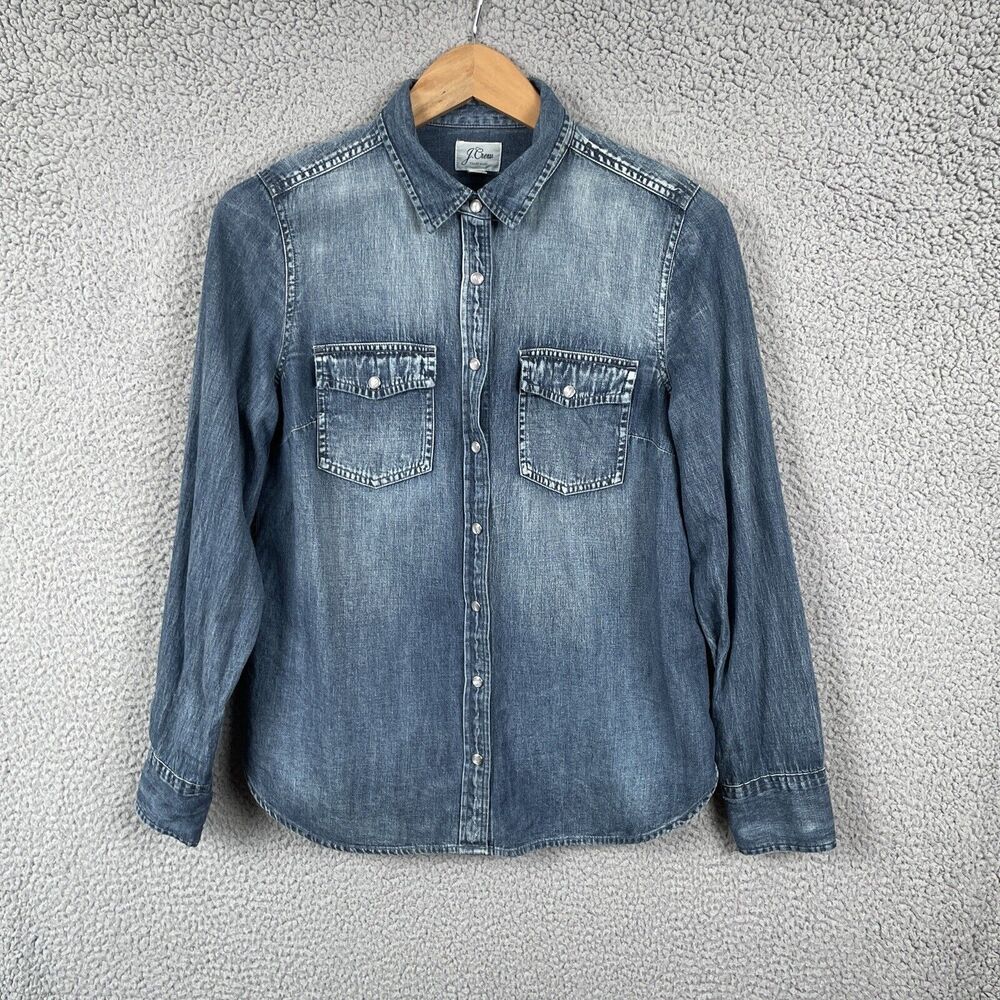 J Crew Top Womens 10 Blue Chambray Long Sleeve Pearl Snap Western Shirt Denim
